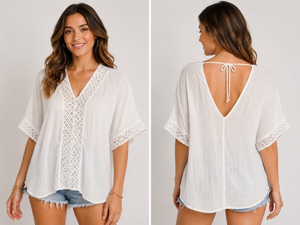 Tropical Escape White Crochet Beach Swim Cover Up Tunic V-Back Size Large